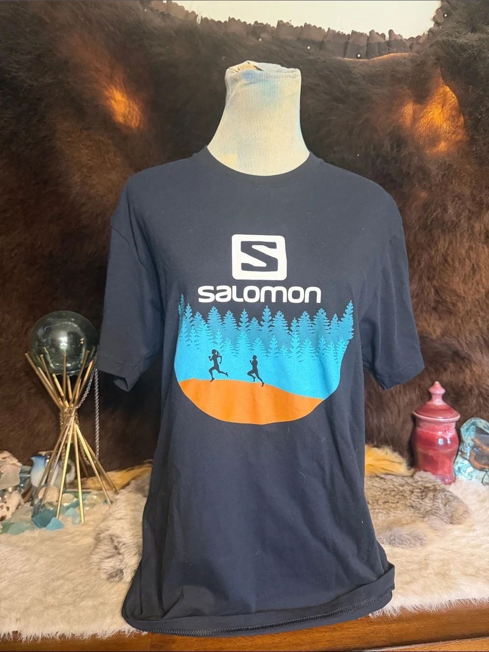 Salomon ladies Navy Graphic Logo Tee - Blue & Orange Forest Run M (5240)